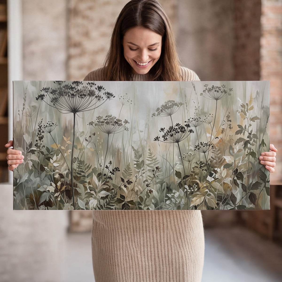 Fine wildflower seed heads and muted foliage in gray-green and cream single canvas wall art held in hands