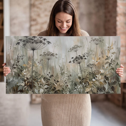 Fine wildflower seed heads and muted foliage in gray-green and cream single canvas wall art held in hands