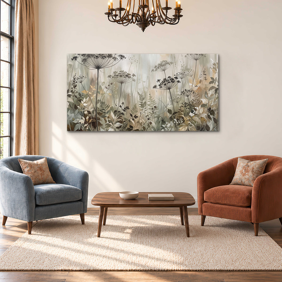 Fine wildflower seed heads and muted foliage in gray-green and cream single canvas wall art styled in an interior