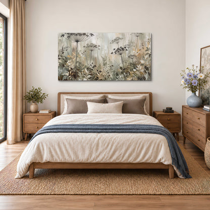 Fine wildflower seed heads and muted foliage in gray-green and cream single canvas wall art styled in an interior