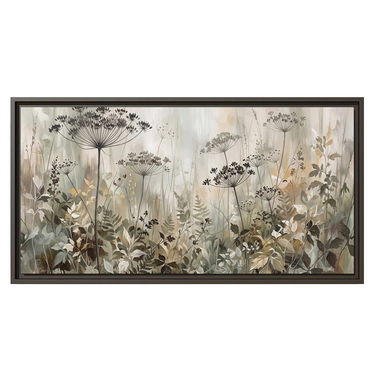 Fine wildflower seed heads and muted foliage in gray-green and cream single framed canvas wall art viewed straight on