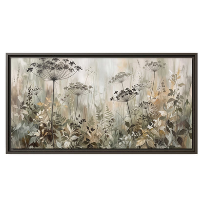 Fine wildflower seed heads and muted foliage in gray-green and cream single framed canvas wall art viewed straight on