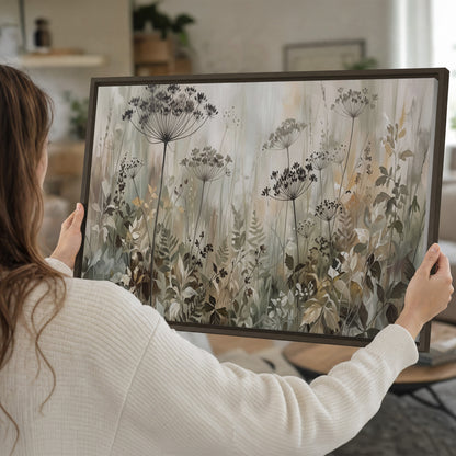 Fine wildflower seed heads and muted foliage in gray-green and cream single framed canvas wall art held in hands