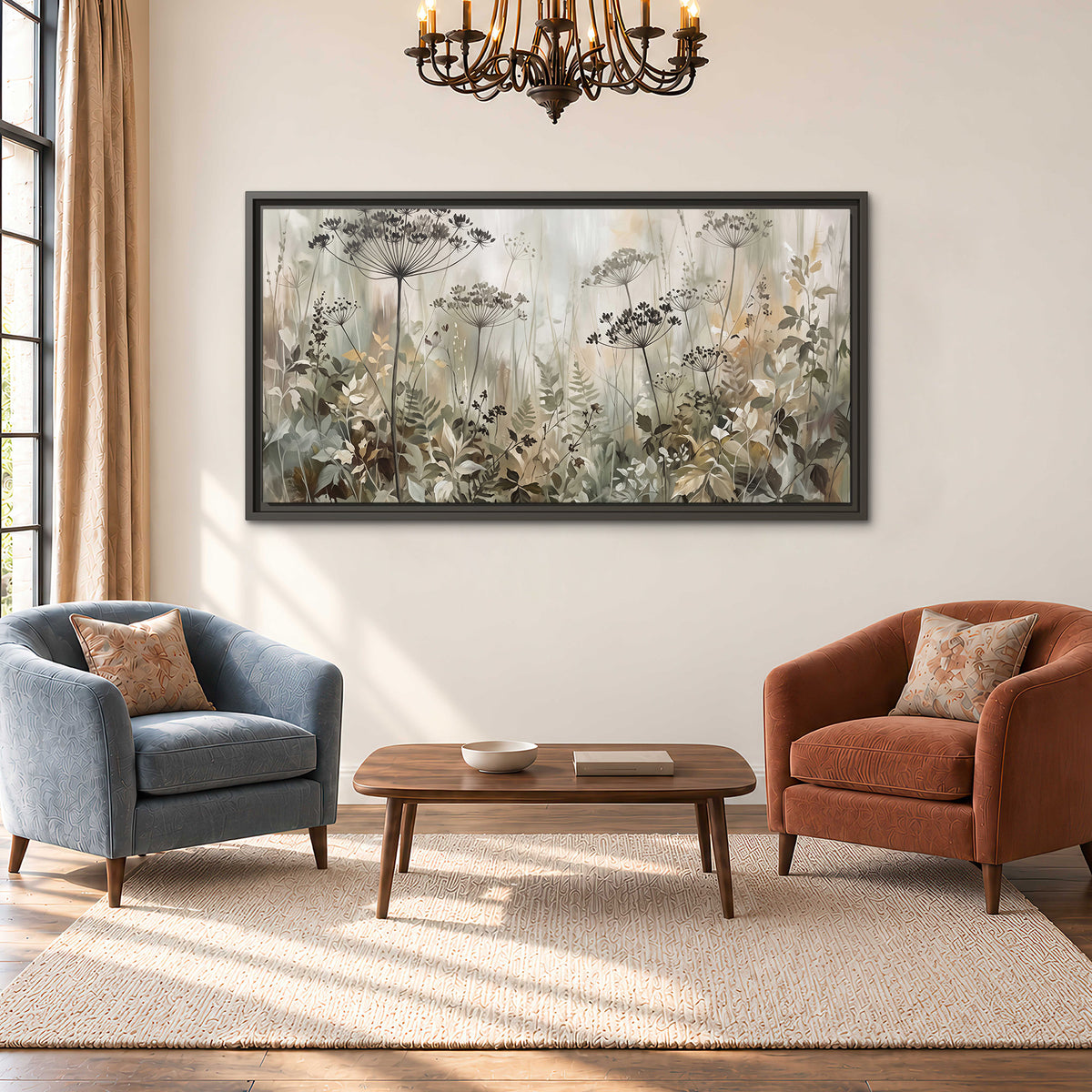 Fine wildflower seed heads and muted foliage in gray-green and cream single framed canvas wall art styled in an interior