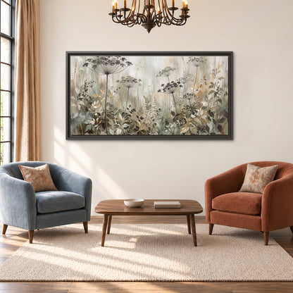 Fine wildflower seed heads and muted foliage in gray-green and cream single framed canvas wall art styled in an interior