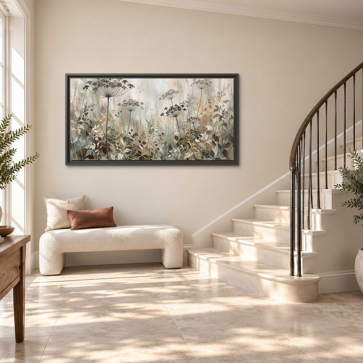 Fine wildflower seed heads and muted foliage in gray-green and cream single framed canvas wall art styled in an interior