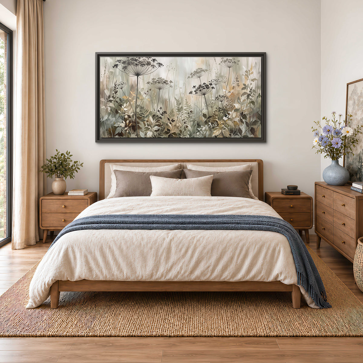 Fine wildflower seed heads and muted foliage in gray-green and cream single framed canvas wall art styled in an interior
