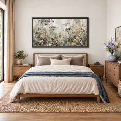 Fine wildflower seed heads and muted foliage in gray-green and cream single framed canvas wall art styled in an interior