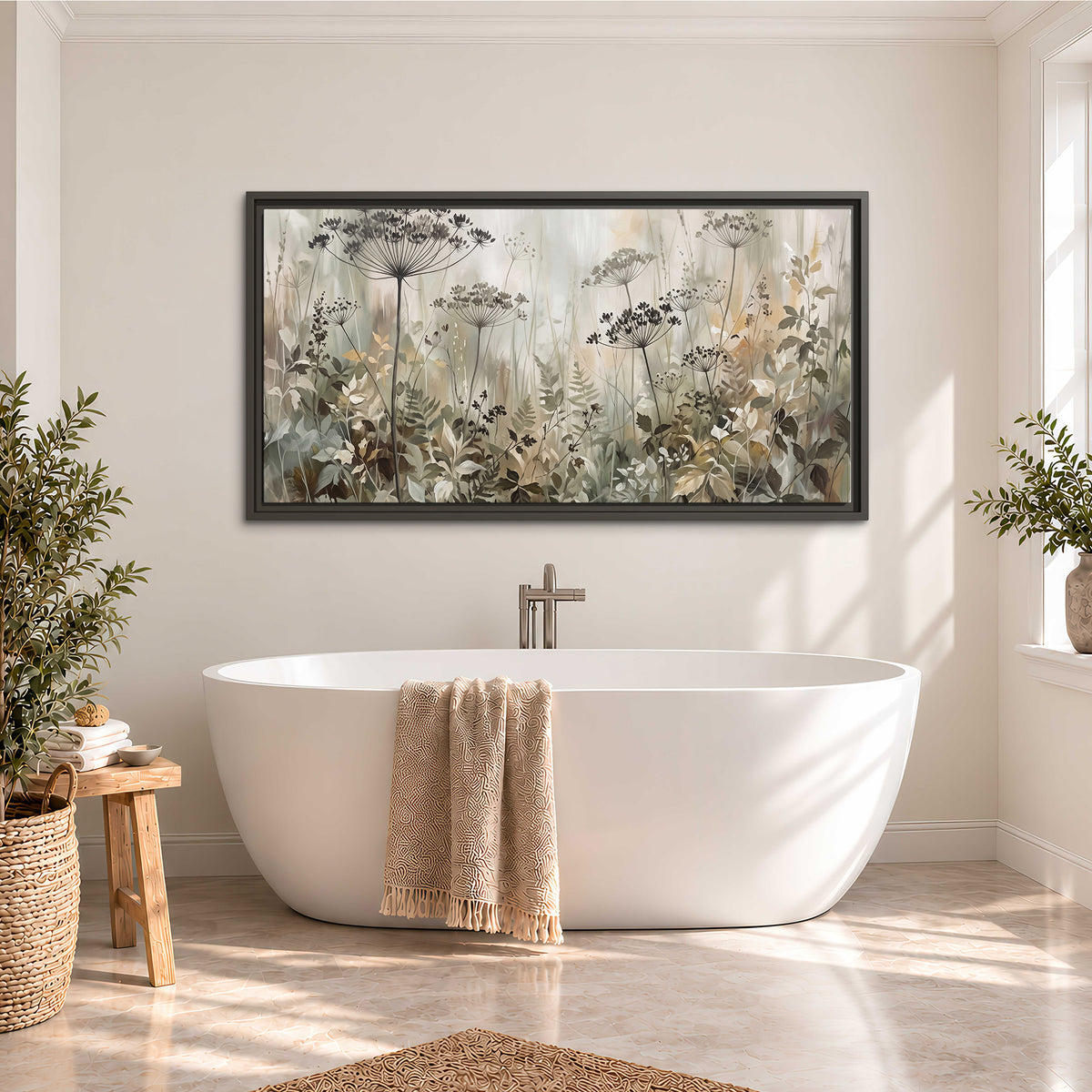 Fine wildflower seed heads and muted foliage in gray-green and cream single framed canvas wall art styled in an interior