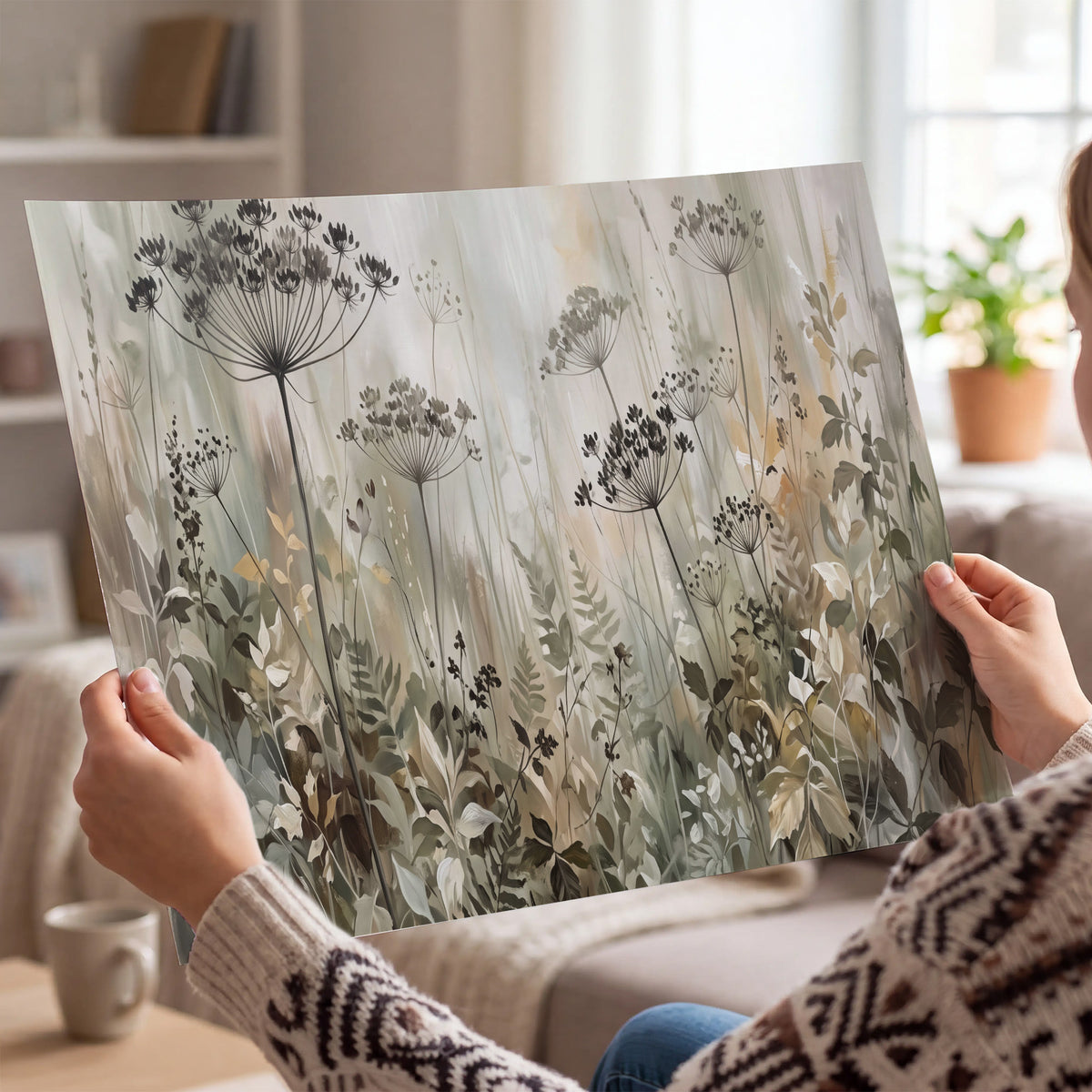 Fine wildflower seed heads and muted foliage in gray-green and cream single poster print held in hands