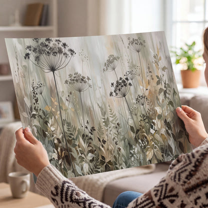 Fine wildflower seed heads and muted foliage in gray-green and cream single poster print held in hands