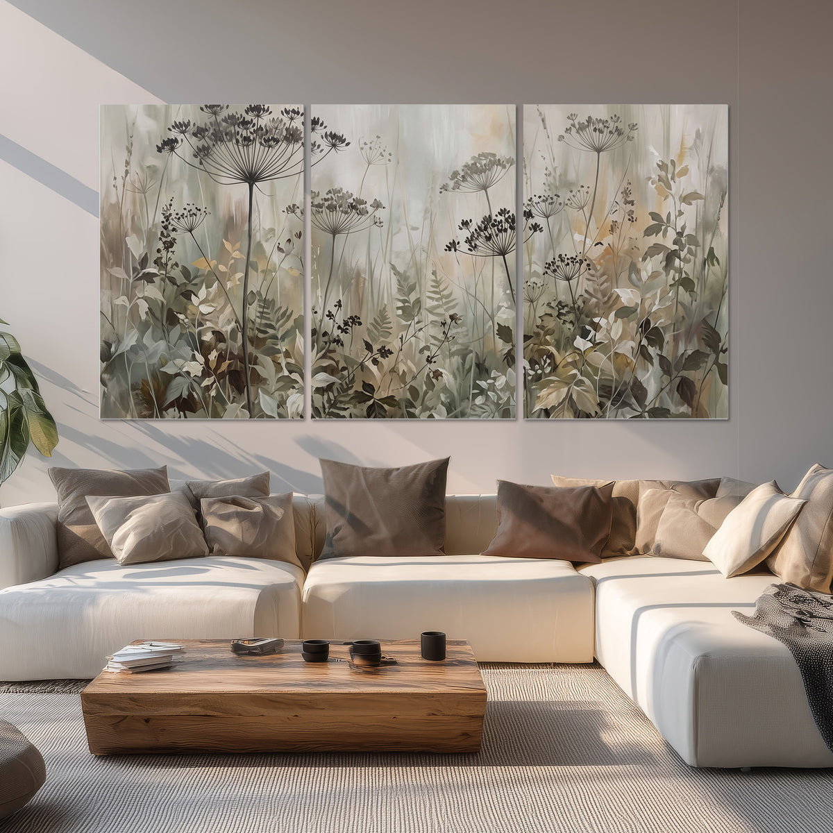 Fine wildflower seed heads and muted foliage in gray-green and cream set of 3 poster prints displayed in a living room