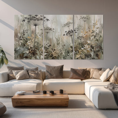 Fine wildflower seed heads and muted foliage in gray-green and cream set of 3 poster prints displayed in a living room