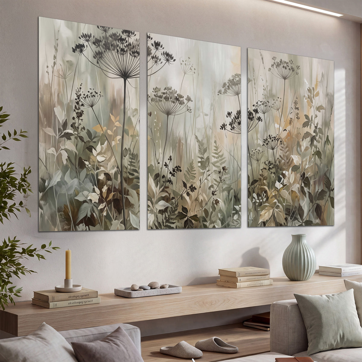 Fine wildflower seed heads and muted foliage in gray-green and cream set of 3 poster prints displayed in a console