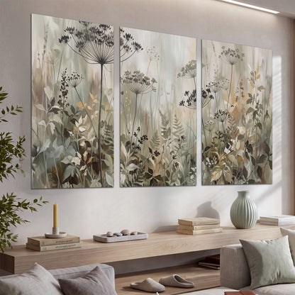 Fine wildflower seed heads and muted foliage in gray-green and cream set of 3 poster prints displayed in a console