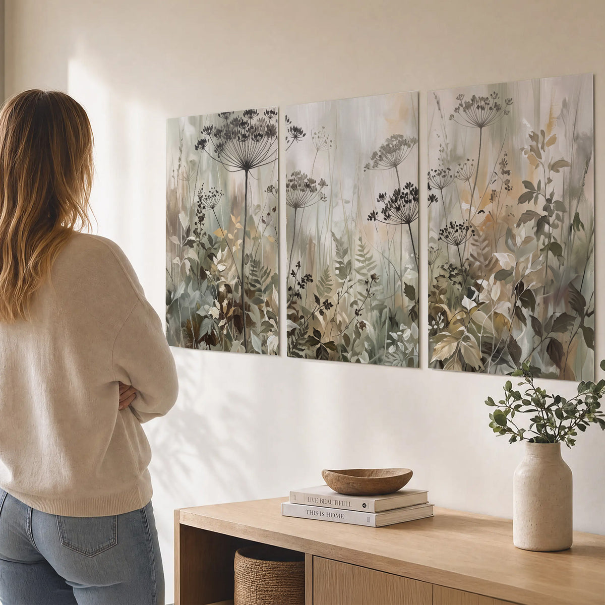 Fine wildflower seed heads and muted foliage in gray-green and cream set of 3 poster prints three panel arrangement on a wall
