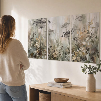 Fine wildflower seed heads and muted foliage in gray-green and cream set of 3 poster prints three panel arrangement on a wall