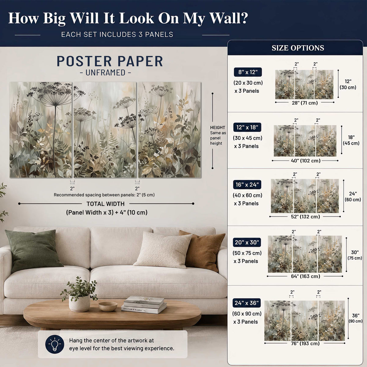 Fine wildflower seed heads and muted foliage in gray-green and cream set of 3 poster prints size guide above a sofa; room view is illustrative
