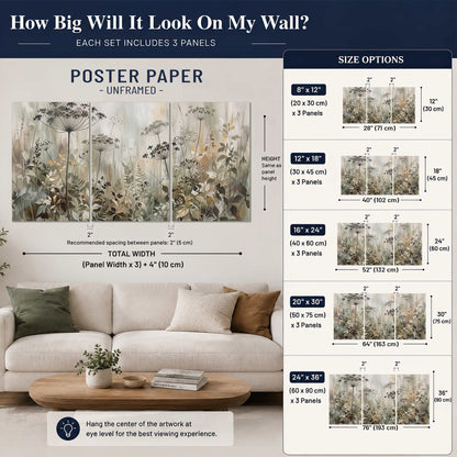 Fine wildflower seed heads and muted foliage in gray-green and cream set of 3 poster prints size guide above a sofa; room view is illustrative