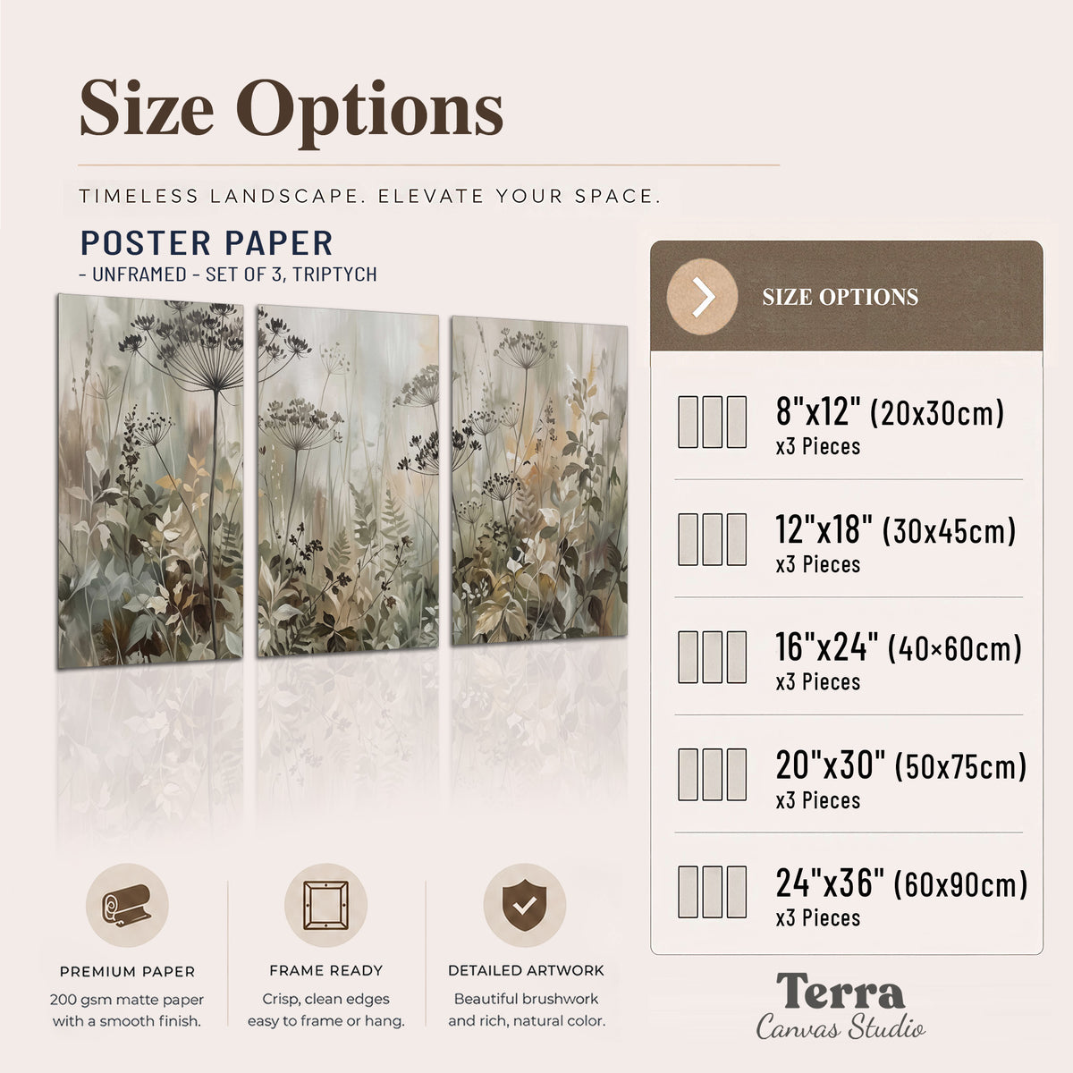 Fine wildflower seed heads and muted foliage in gray-green and cream set of 3 poster prints available dimensions; triptych dimensions are per panel