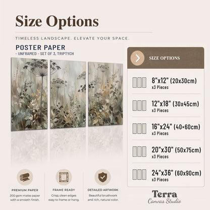 Fine wildflower seed heads and muted foliage in gray-green and cream set of 3 poster prints available dimensions; triptych dimensions are per panel