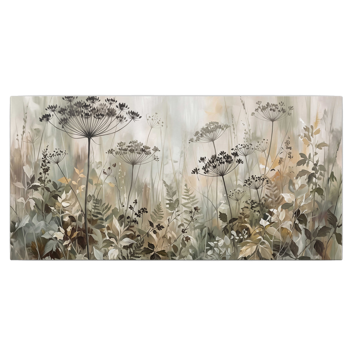 Fine wildflower seed heads and muted foliage in gray-green and cream single canvas wall art viewed straight on