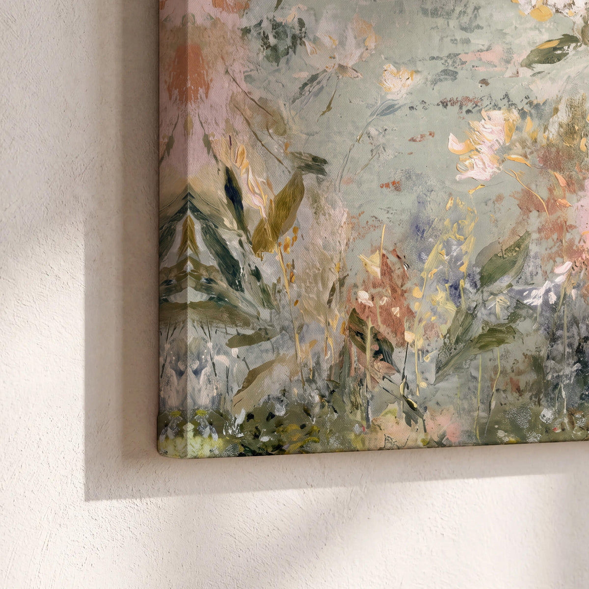 Delicate pink and ivory flowering branches against muted sage green 3 piece canvas wall art material and edge close up