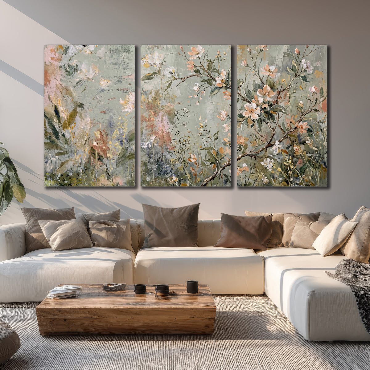 Delicate pink and ivory flowering branches against muted sage green 3 piece canvas wall art displayed in a living room