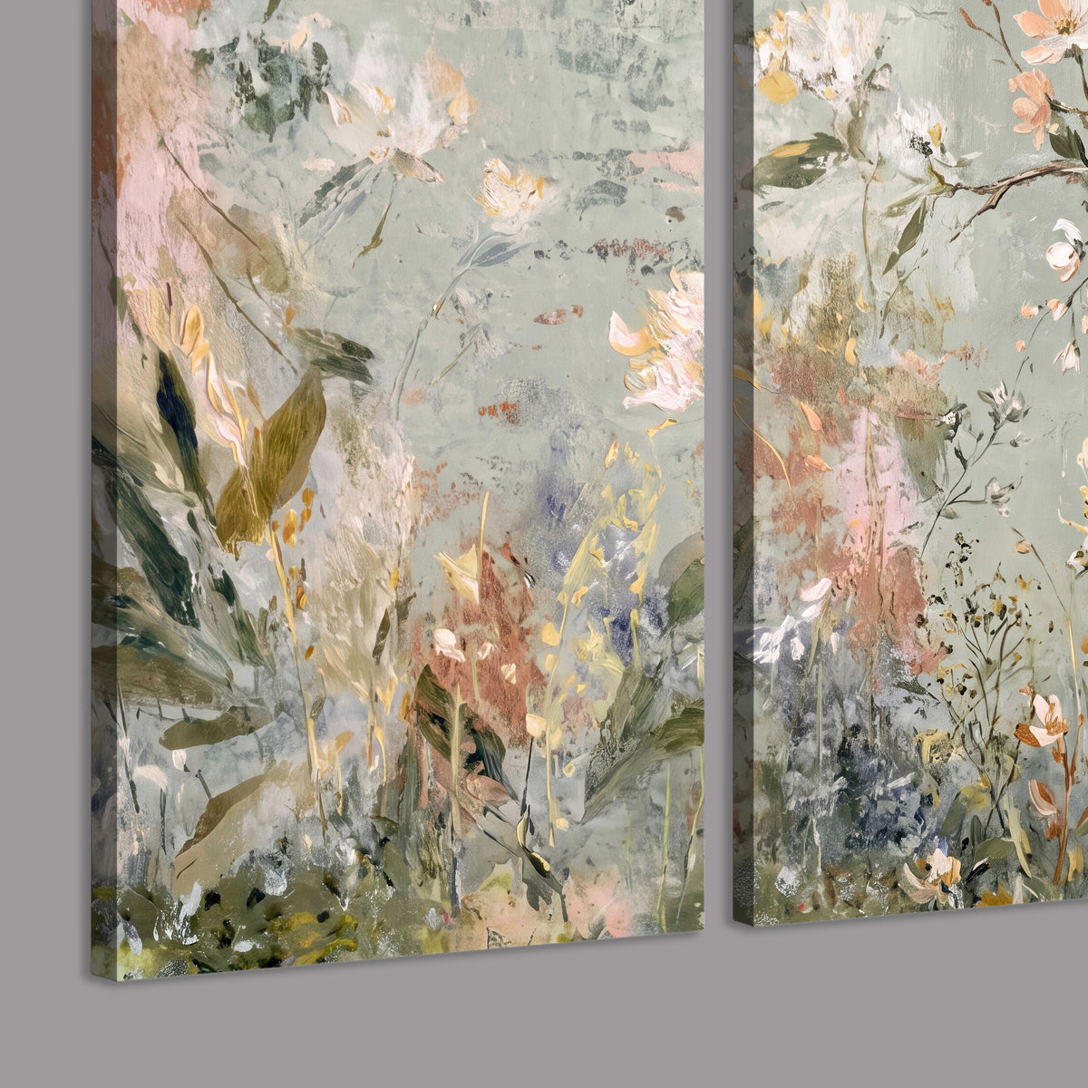 Delicate pink and ivory flowering branches against muted sage green 3 piece canvas wall art room and product view