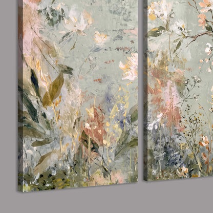 Delicate pink and ivory flowering branches against muted sage green 3 piece canvas wall art room and product view