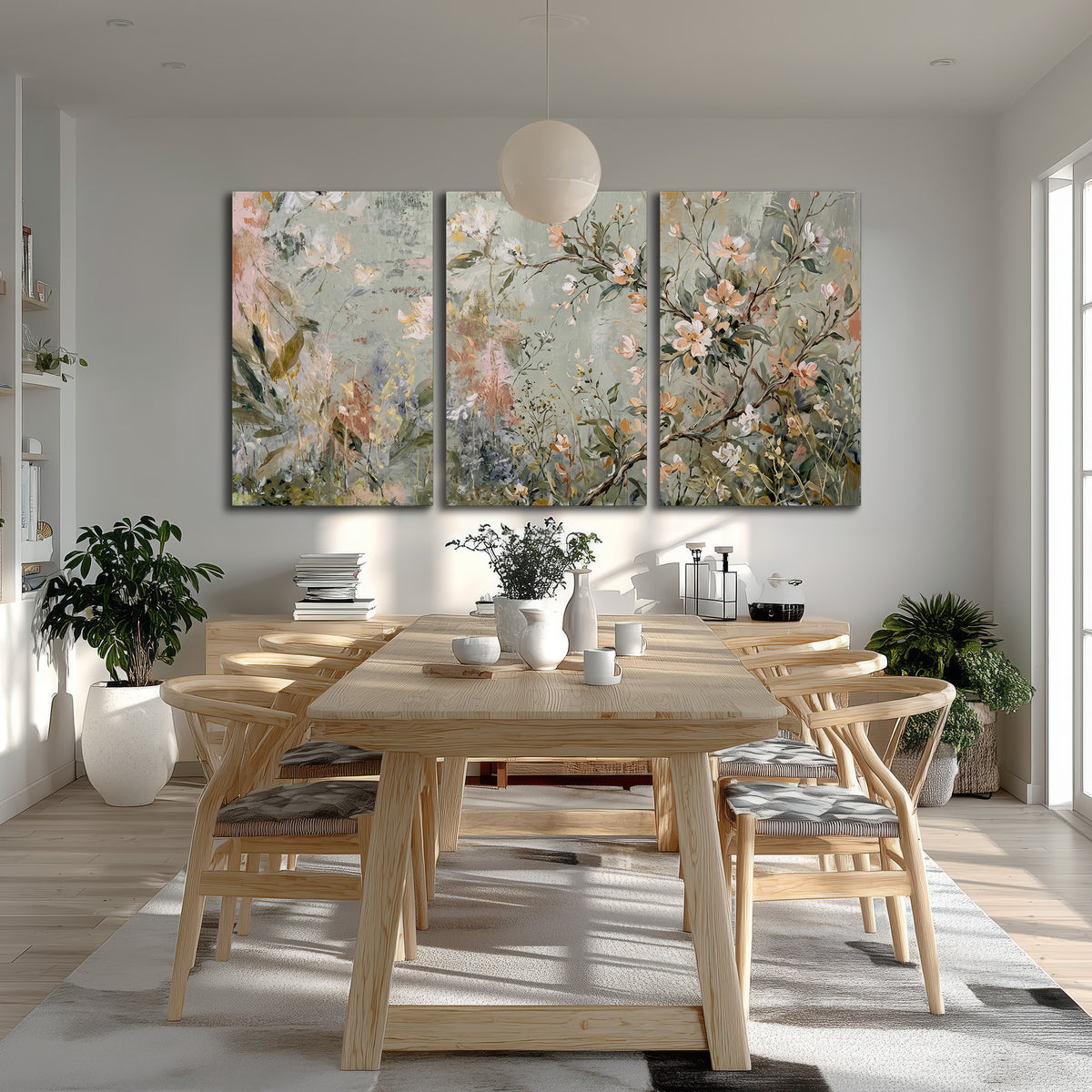 Delicate pink and ivory flowering branches against muted sage green 3 piece canvas wall art room and product view