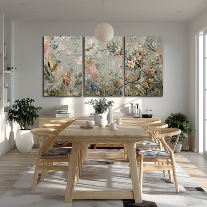 Delicate pink and ivory flowering branches against muted sage green 3 piece canvas wall art room and product view