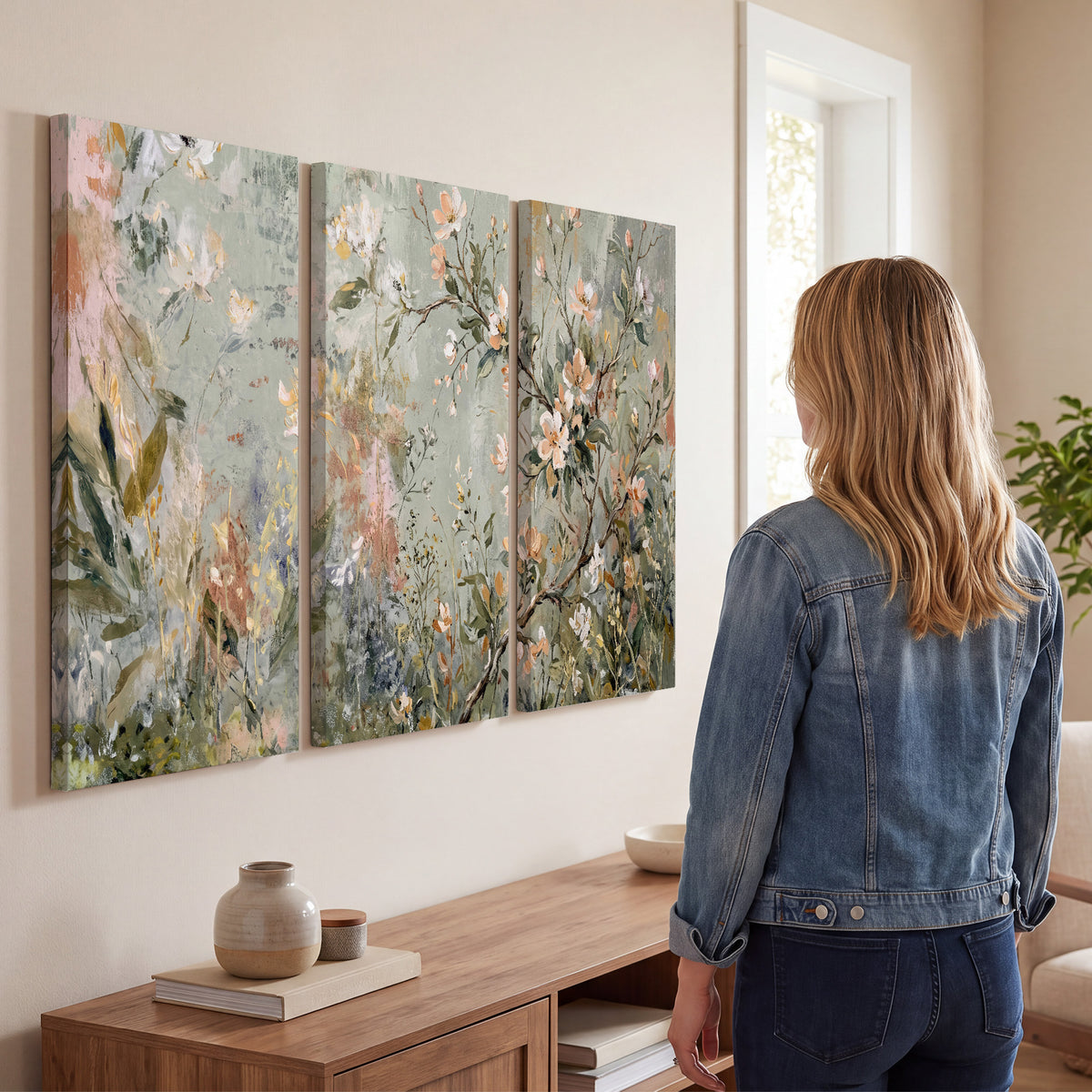 Delicate pink and ivory flowering branches against muted sage green 3 piece canvas wall art three panel arrangement on a wall
