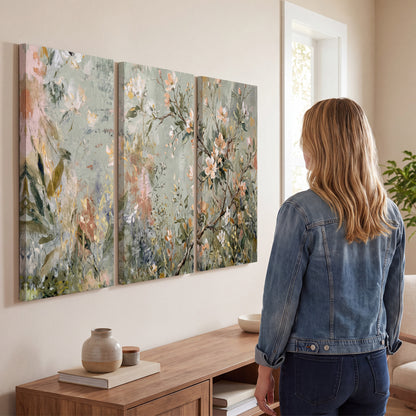 Delicate pink and ivory flowering branches against muted sage green 3 piece canvas wall art three panel arrangement on a wall