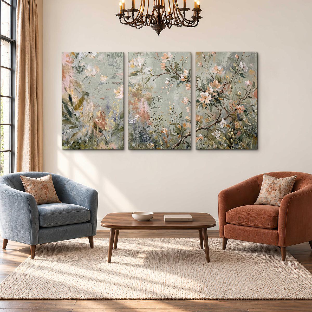 Delicate pink and ivory flowering branches against muted sage green 3 piece canvas wall art styled in an interior