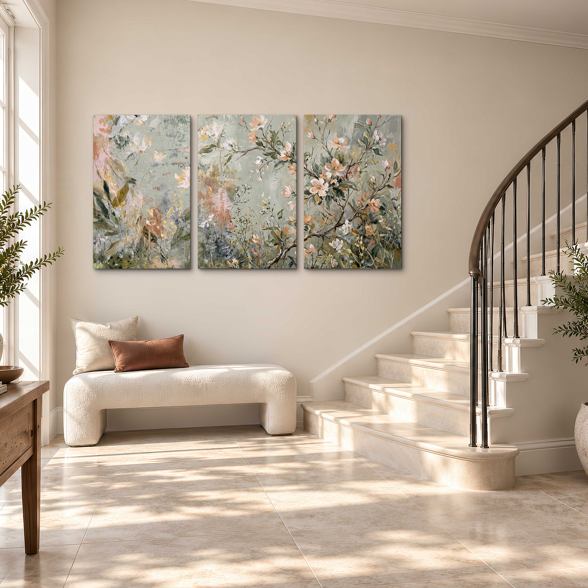 Delicate pink and ivory flowering branches against muted sage green 3 piece canvas wall art styled in an interior