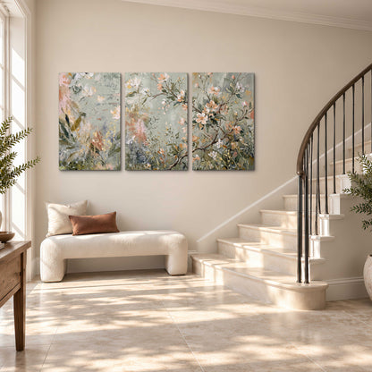 Delicate pink and ivory flowering branches against muted sage green 3 piece canvas wall art styled in an interior