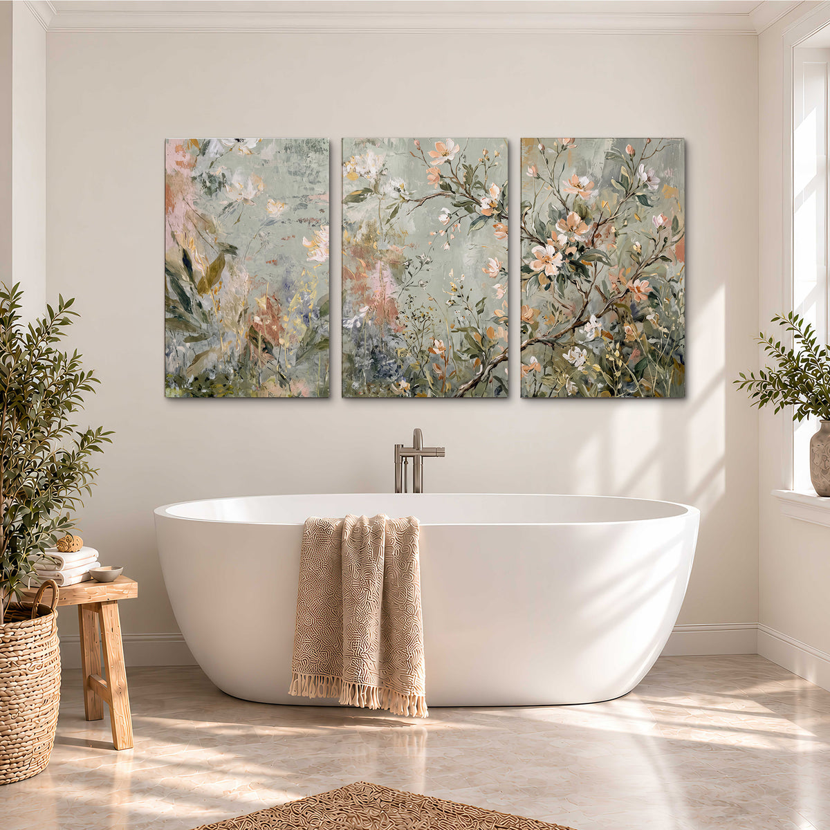 Delicate pink and ivory flowering branches against muted sage green 3 piece canvas wall art styled in an interior