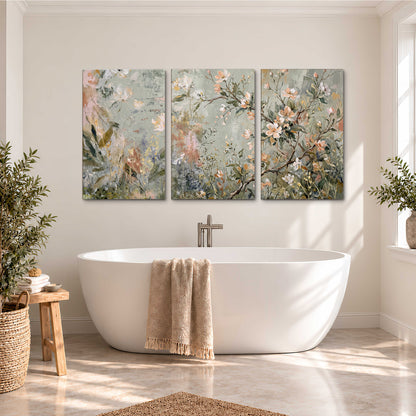 Delicate pink and ivory flowering branches against muted sage green 3 piece canvas wall art styled in an interior