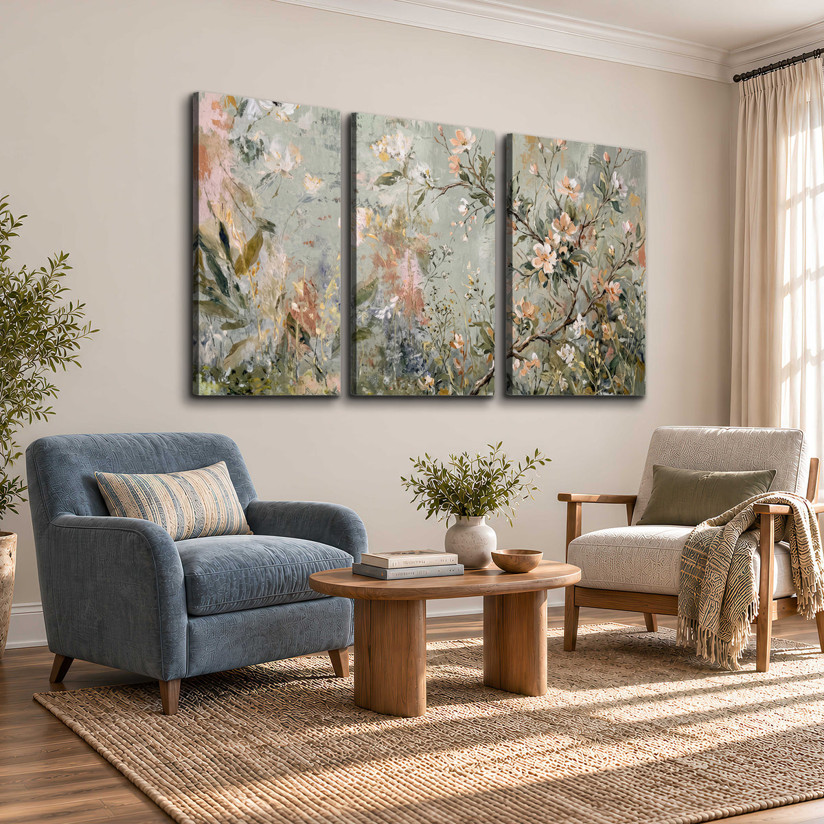 Delicate pink and ivory flowering branches against muted sage green 3 piece canvas wall art styled in an interior