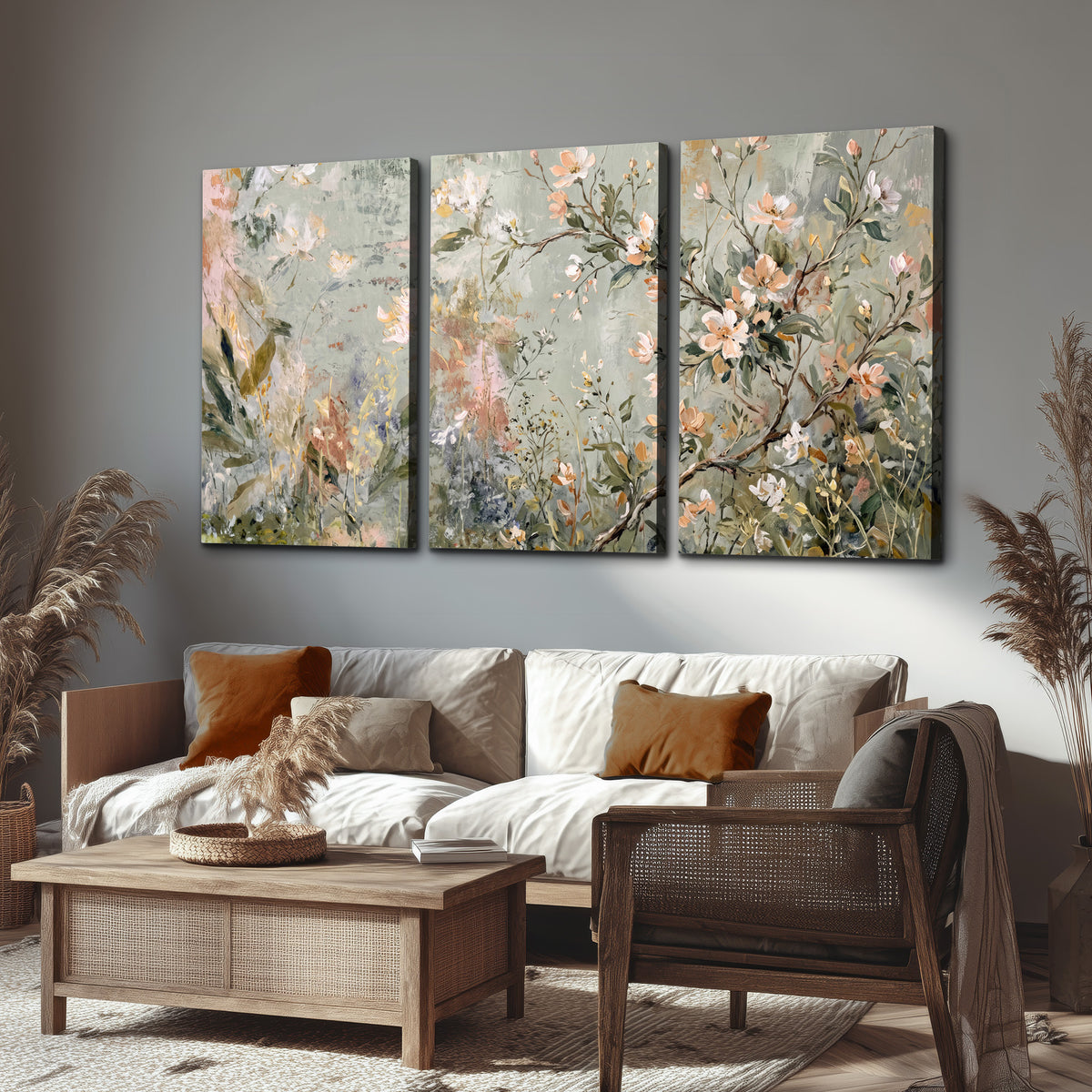 Delicate pink and ivory flowering branches against muted sage green 3 piece canvas wall art displayed in a rustic living room