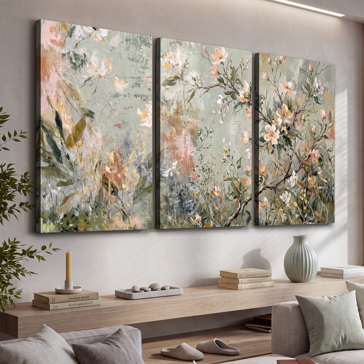 Delicate pink and ivory flowering branches against muted sage green 3 piece canvas wall art displayed in a console