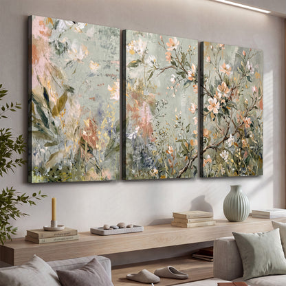 Delicate pink and ivory flowering branches against muted sage green 3 piece canvas wall art displayed in a console