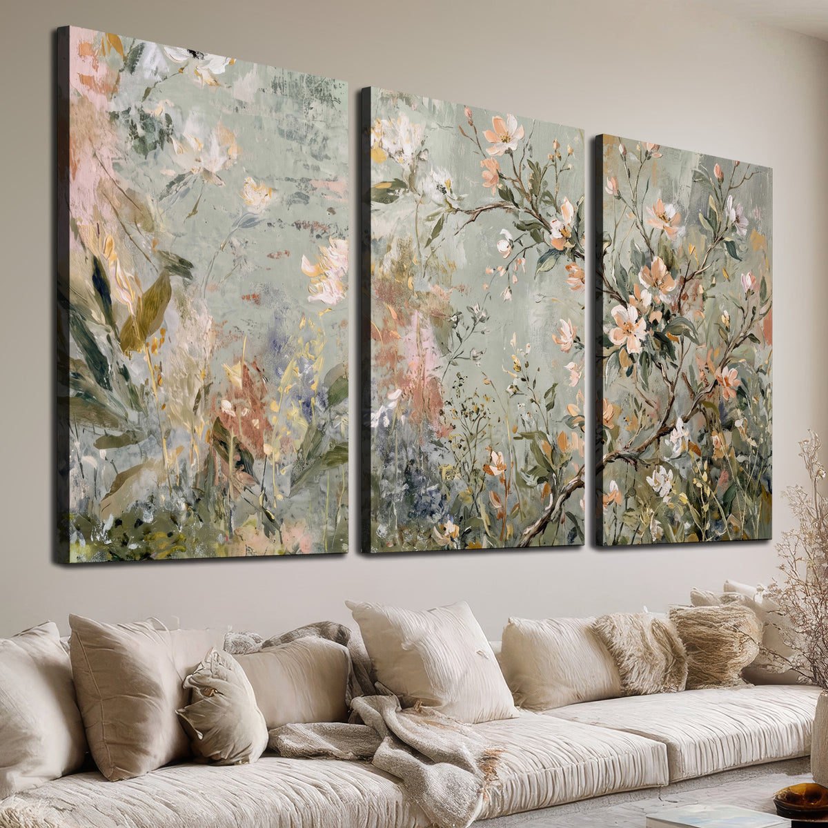 Delicate pink and ivory flowering branches against muted sage green 3 piece canvas wall art room and product view