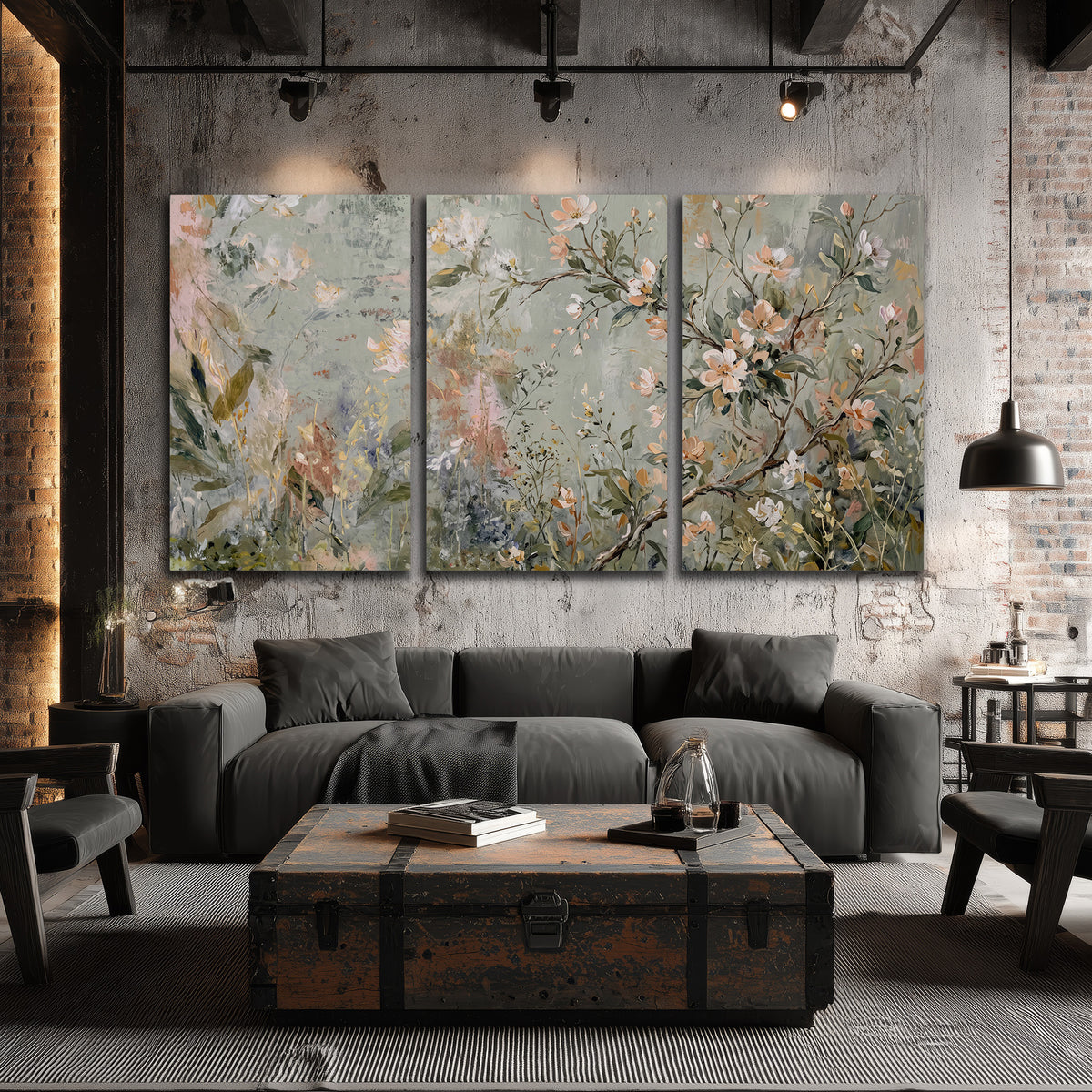 Delicate pink and ivory flowering branches against muted sage green 3 piece canvas wall art displayed in a industrial room