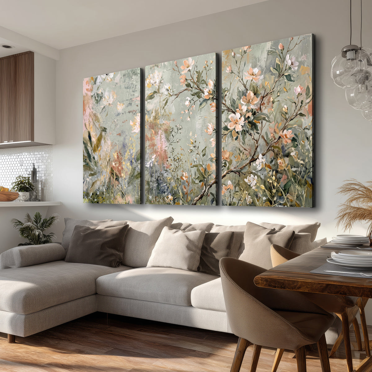 Delicate pink and ivory flowering branches against muted sage green 3 piece canvas wall art room and product view