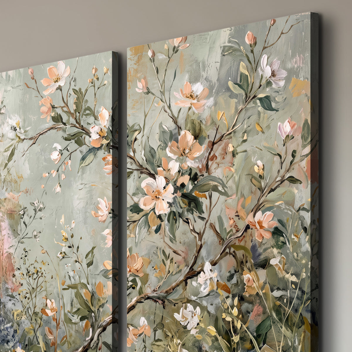 Delicate pink and ivory flowering branches against muted sage green 3 piece canvas wall art room and product view
