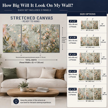 Delicate pink and ivory flowering branches against muted sage green 3 piece canvas wall art size guide above a sofa; room view is illustrative