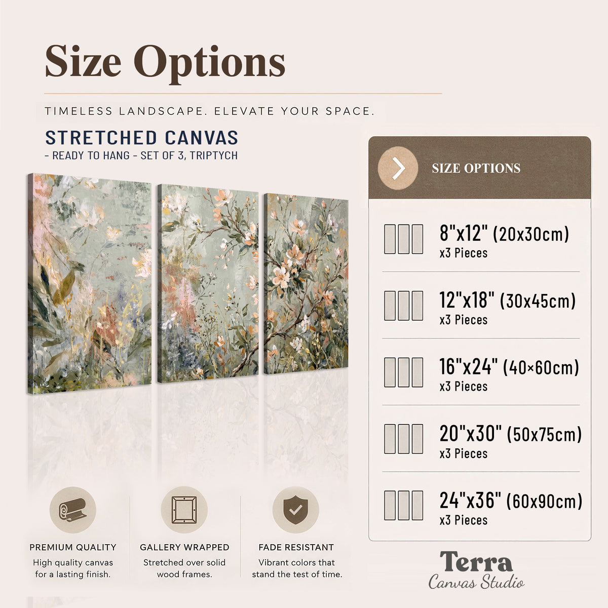 Delicate pink and ivory flowering branches against muted sage green 3 piece canvas wall art available dimensions; triptych dimensions are per panel