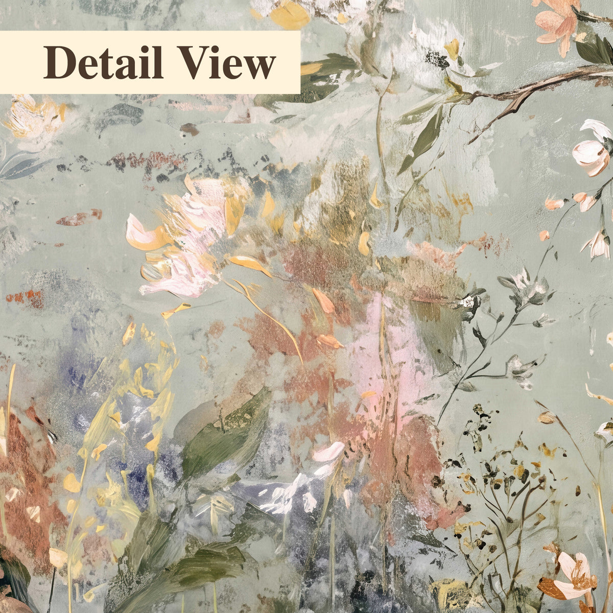 Delicate pink and ivory flowering branches against muted sage green 3 piece canvas wall art artwork detail close up